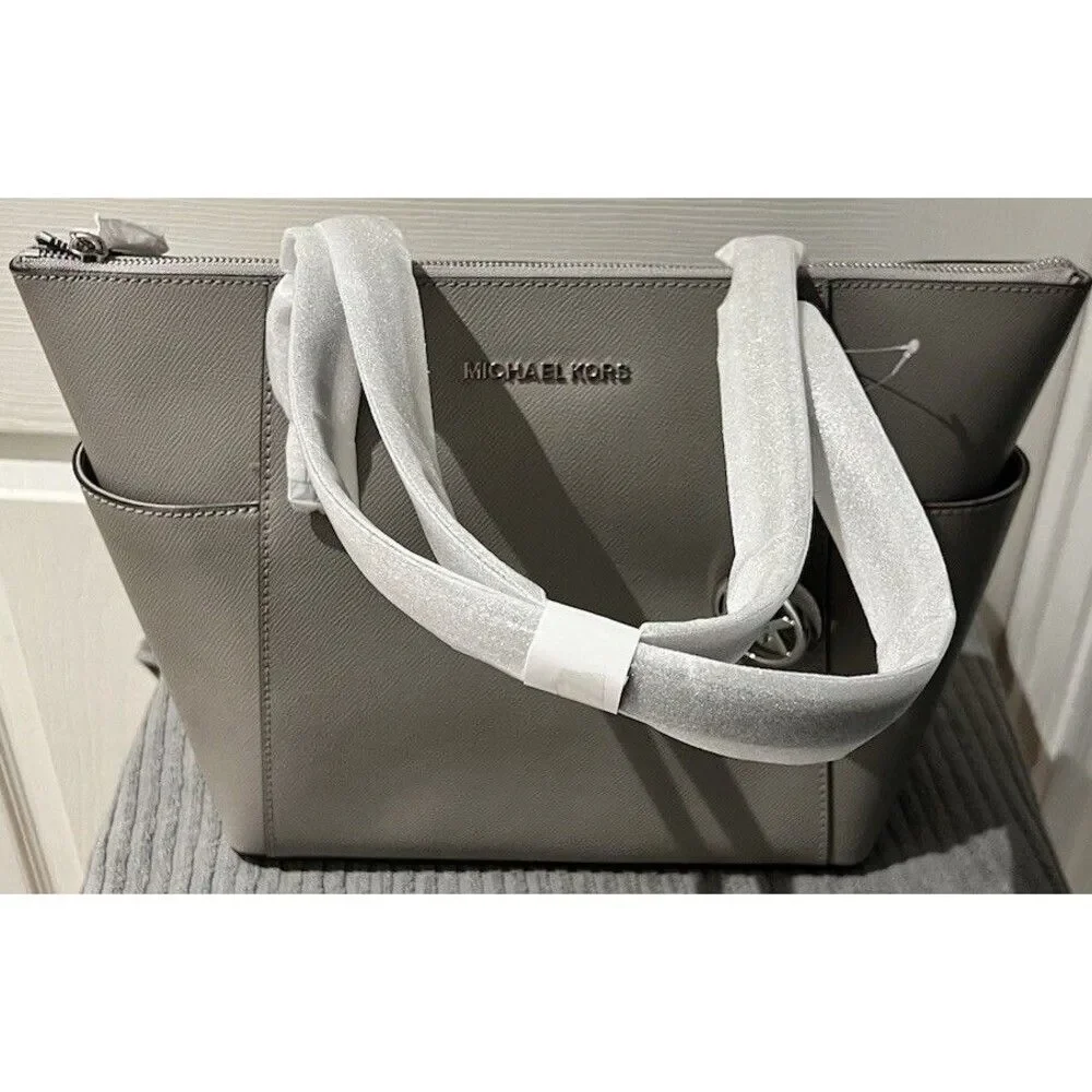 Michael Kors Charlotte Pearl Grey Top Zip Leather Tote Handbag New - Picture 2 of 8